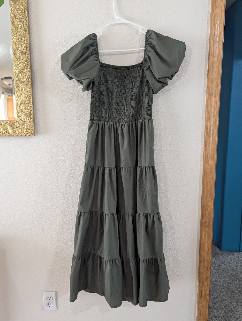 Smocked Olive Green Midi Dress - Picture 6 of 7